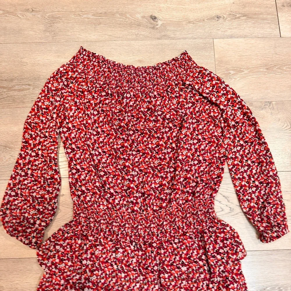 MICHAEL KORS Sangria Floral Smocked Ruffle Off the Shoulder‎ Dress Red Medium M